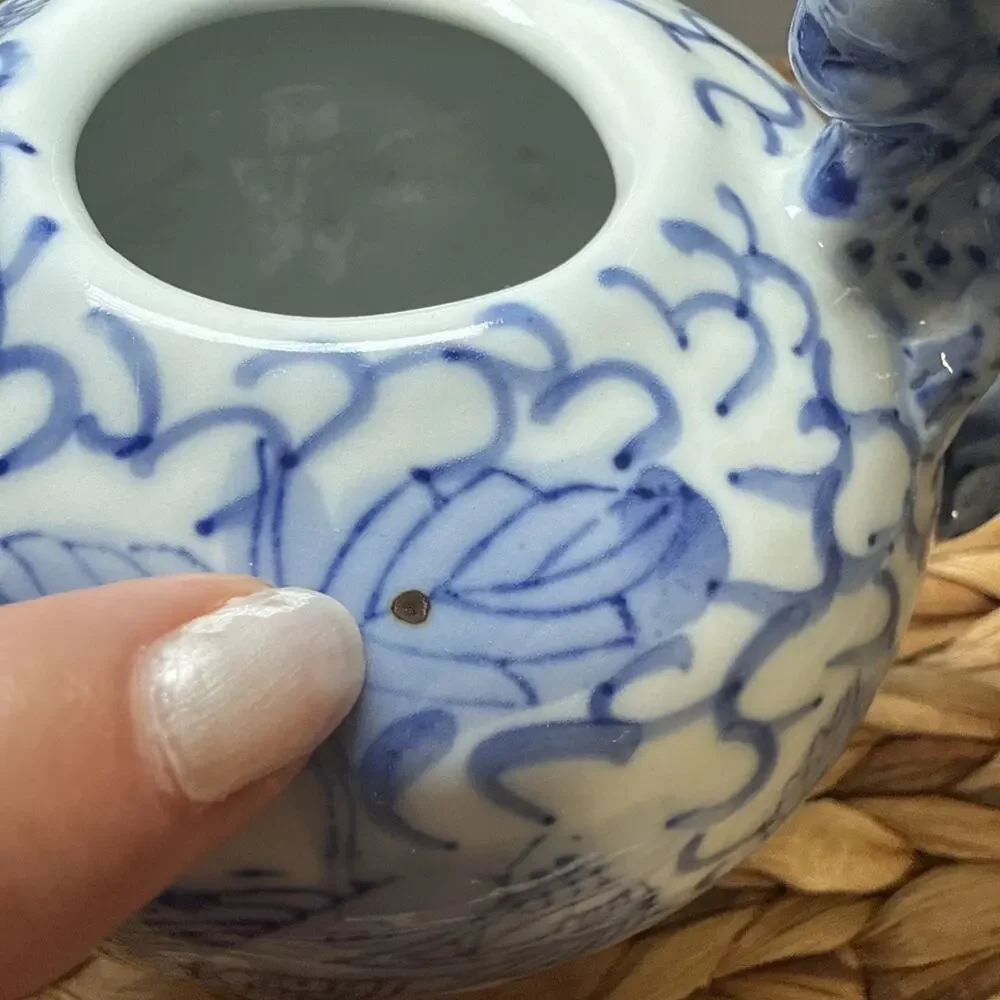 Vintage Chinese Blue White Porcelain Teapot Fish Motif Dragon Handle No Lid